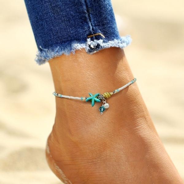 Star and Shell Ankle Bracelet with Natural Stones 