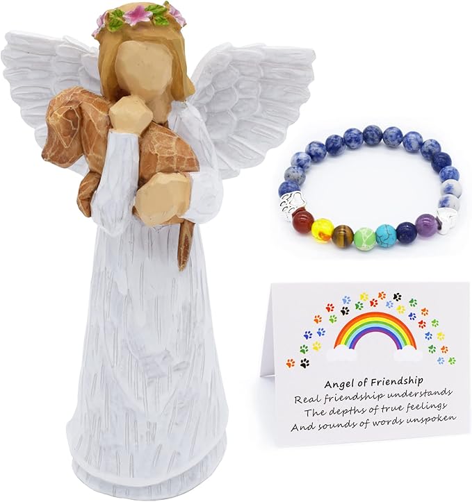 Dog Keepsake Box with Friendship Angel Figurine &amp; Rainbow Bridge Chakra Bracelet