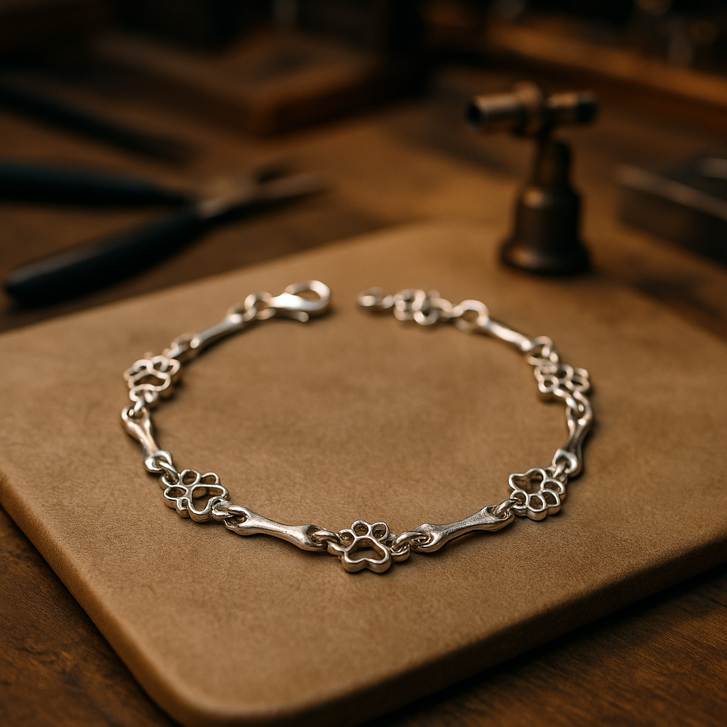 Limited Edition Bracelet with Pure Silver Charms in the Shape of a Dog's Paw and Bone