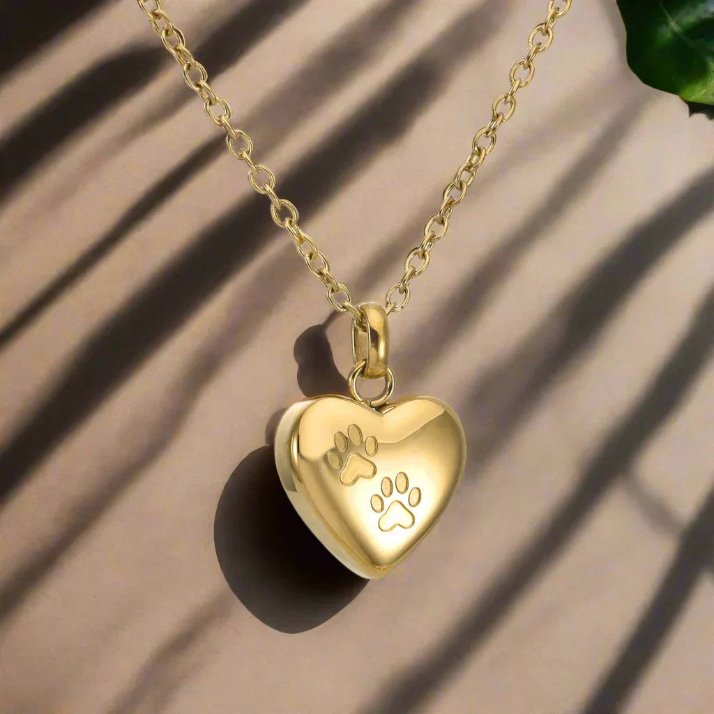 Pet Memorial Urn Necklace – Heart-Shaped Pendant with Paw Print Engraving