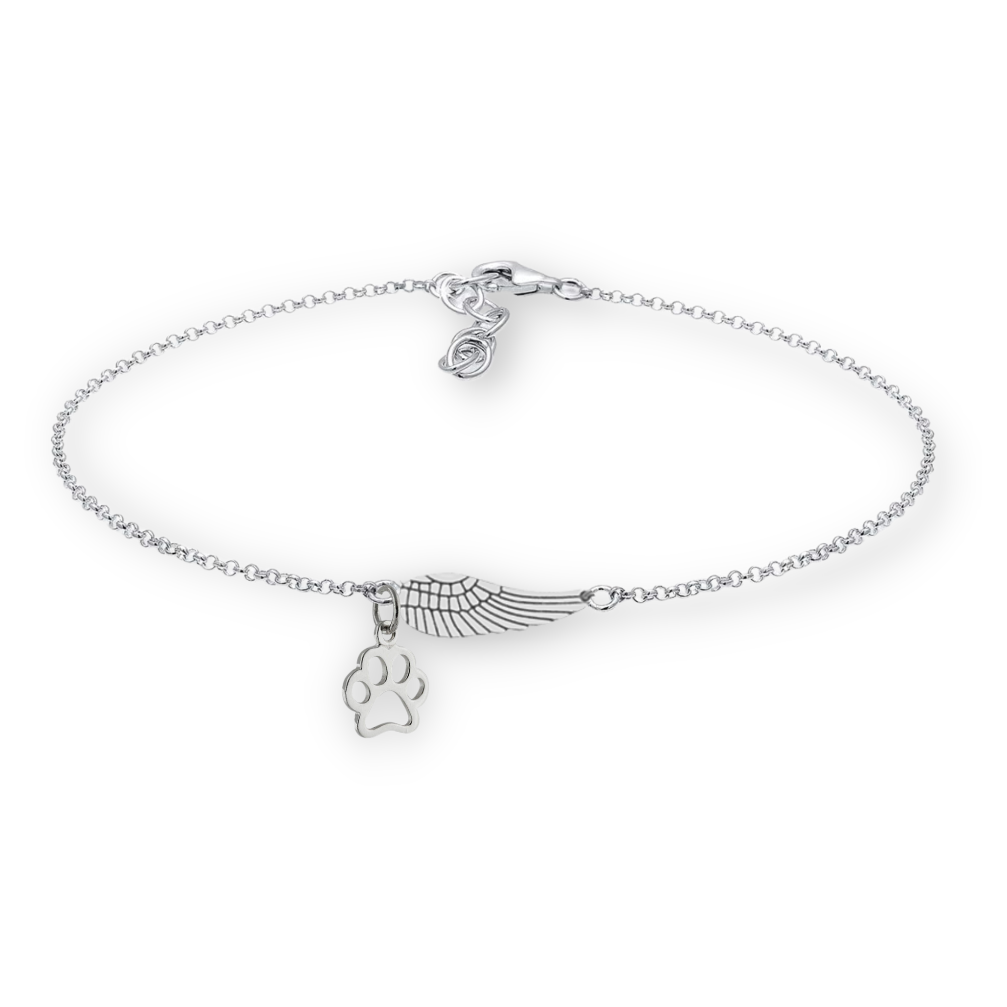 Silver memorial bracelet with angel wing and paw print | Handmade