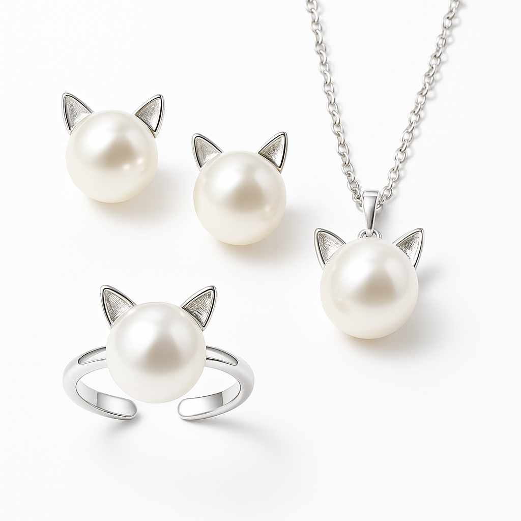 Beautiful Pearl Cat Necklace with Bonus Earrings and Ring