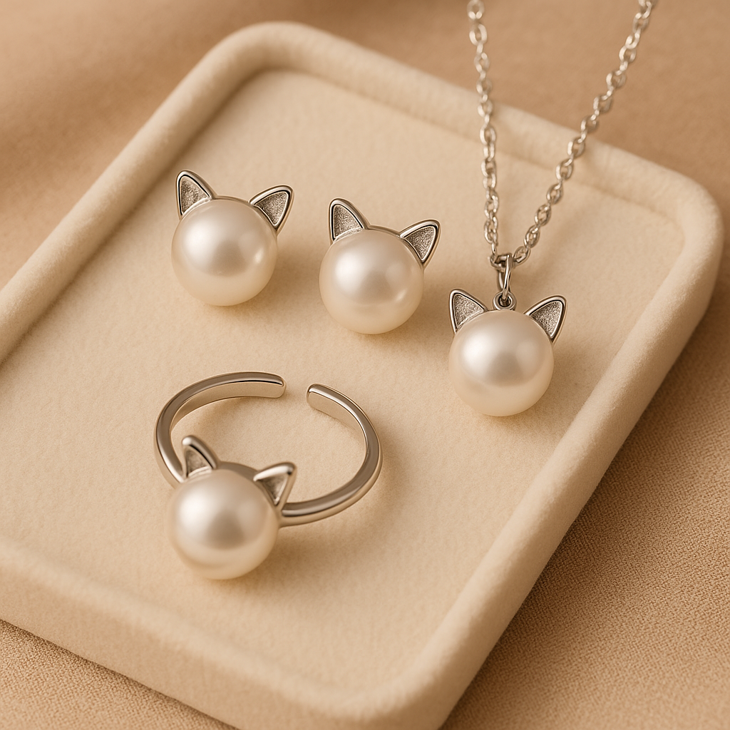 Beautiful Pearl Cat Necklace with Bonus Earrings and Ring
